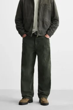 ZARA Calças|Cargo^CALÇAS CARGO LAVADO Verde-garrafa