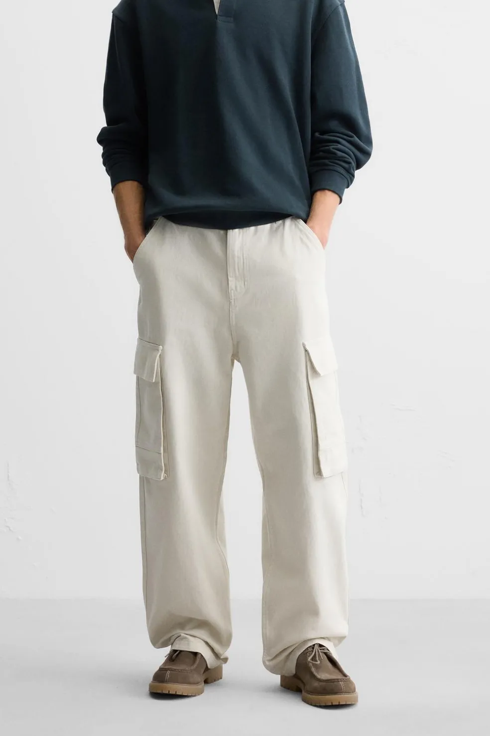 ZARA Calças|Cargo^CALÇAS CARGO RELAXED FIT Cru