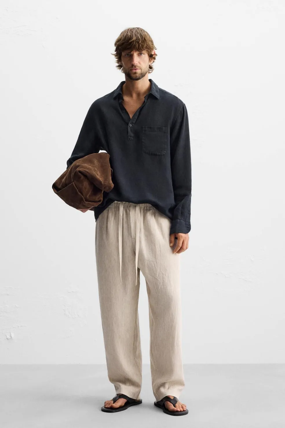 ZARA Calças^CALÇAS CINTURA JOGGER 100% LINHO Bege-claro
