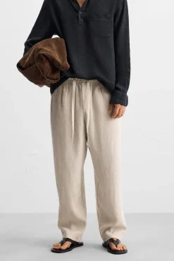 ZARA Calças^CALÇAS CINTURA JOGGER 100% LINHO Bege-claro