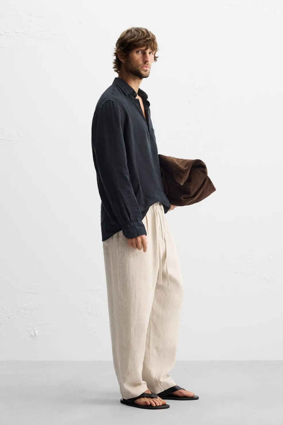 ZARA Calças^CALÇAS CINTURA JOGGER 100% LINHO Bege-claro