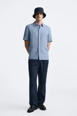 ZARA Calças^CALÇAS CINTURA JOGGER 100% LINHO Azul-marinho