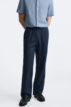 ZARA Calças^CALÇAS CINTURA JOGGER 100% LINHO Azul-marinho