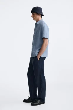 ZARA Calças^CALÇAS CINTURA JOGGER 100% LINHO Azul-marinho