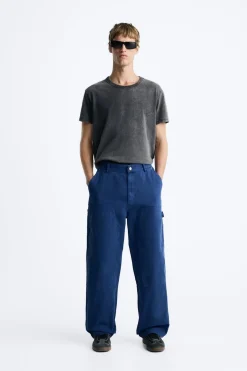 ZARA Calças^CALÇAS COM BOLSOS CARPINTARIA LAVADAS Azulão