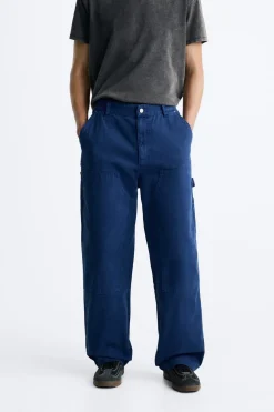ZARA Calças^CALÇAS COM BOLSOS CARPINTARIA LAVADAS Azulão