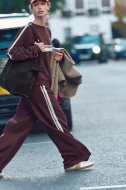 ZARA Winter Layersnew|Calças^CALÇAS DE FELPA COM FAIXA LATERAL EM RENDA Borgonha