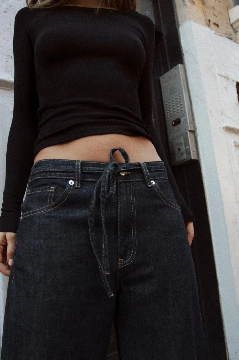 ZARA Jeans^CALÇAS DE GANGA TRF COM CORDÕES Azul-marinho