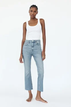 ZARA Jeans^CALÇAS DE GANGA TRF STOVE PIPE CINTURA SUBIDA Azul