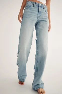 ZARA Jeans^CALÇAS DE GANGA TRF WIDE LEG RASGÕES CINTURA MÉDIA Azul-claro