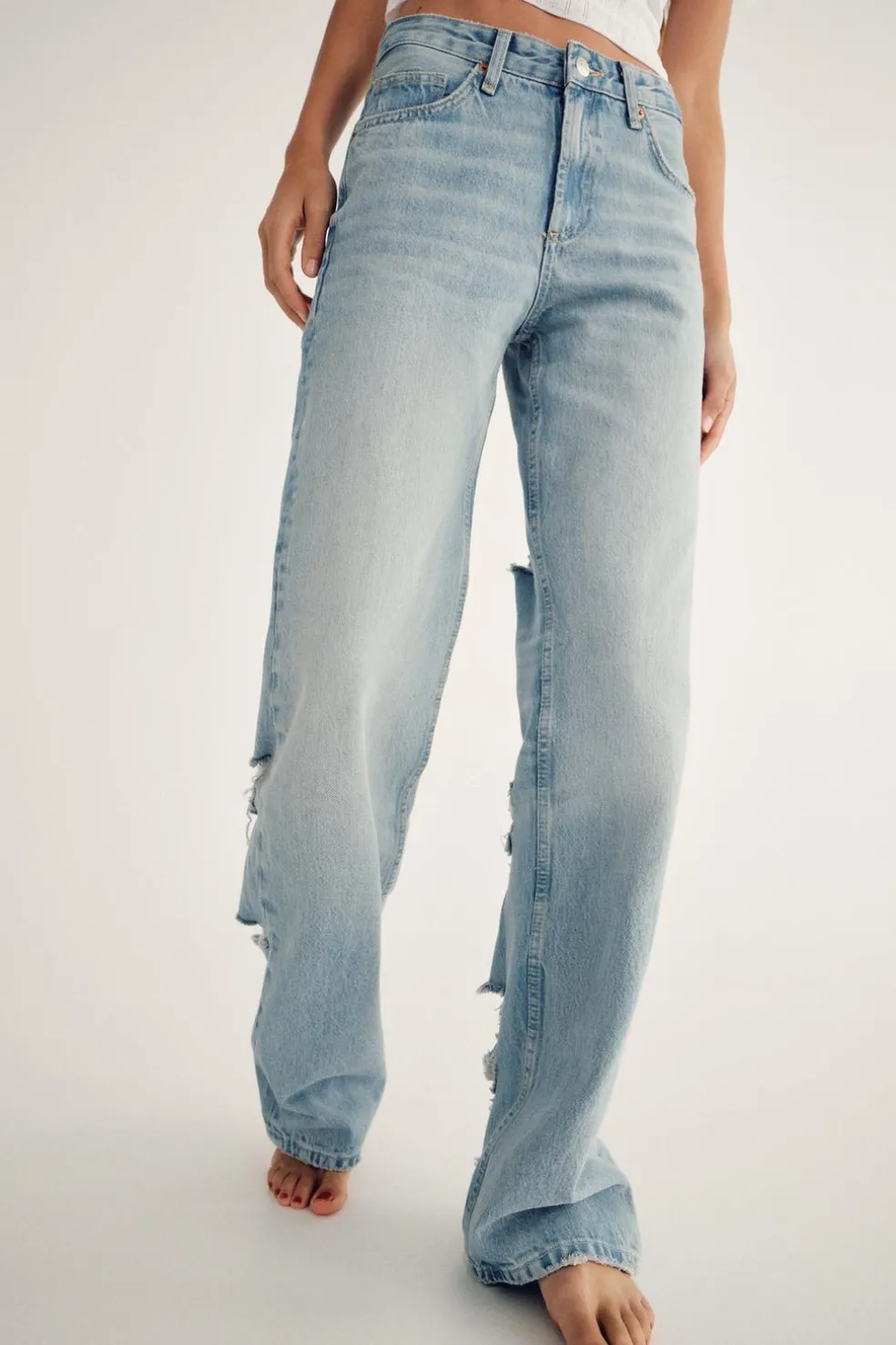 ZARA Jeans^CALÇAS DE GANGA TRF WIDE LEG RASGÕES CINTURA MÉDIA Azul-claro