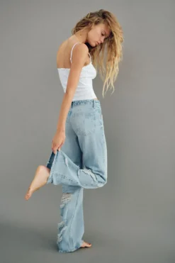 ZARA Jeans^CALÇAS DE GANGA TRF WIDE LEG RASGÕES CINTURA MÉDIA Azul-claro