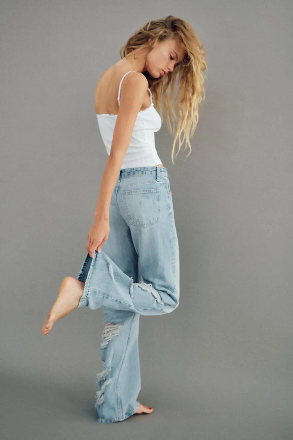 ZARA Jeans^CALÇAS DE GANGA TRF WIDE LEG RASGÕES CINTURA MÉDIA Azul-claro