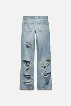 ZARA Jeans^CALÇAS DE GANGA TRF WIDE LEG RASGÕES CINTURA MÉDIA Azul-claro