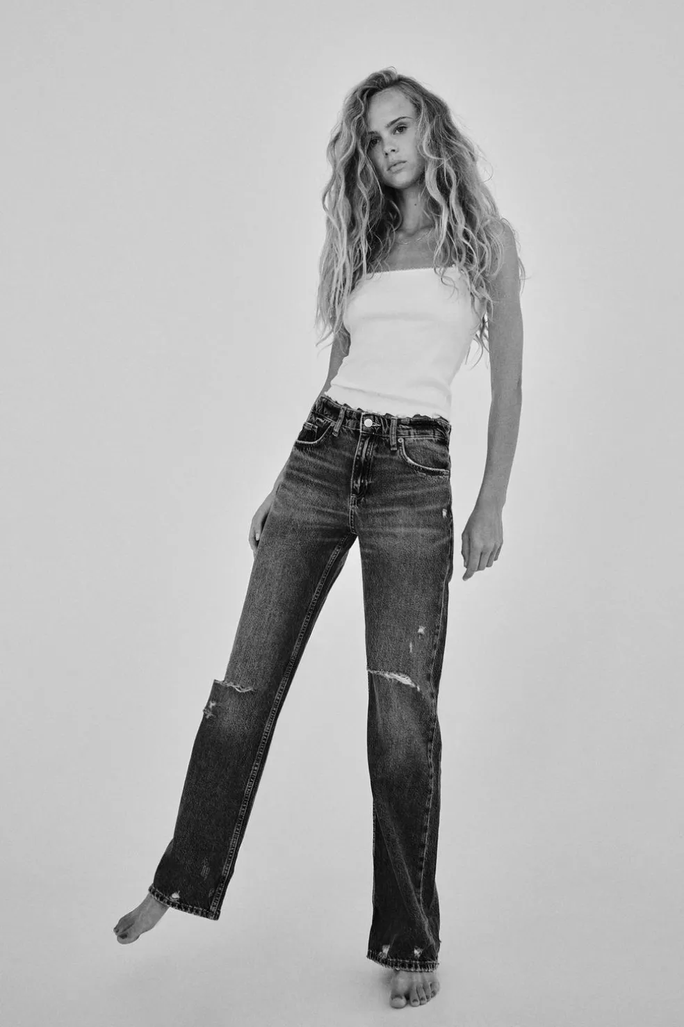 ZARA Jeans^CALÇAS DE GANGA TRF WIDE LEG RASGÕES CINTURA MÉDIA Azul