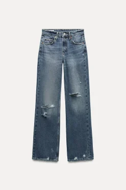ZARA Jeans^CALÇAS DE GANGA TRF WIDE LEG RASGÕES CINTURA MÉDIA Azul