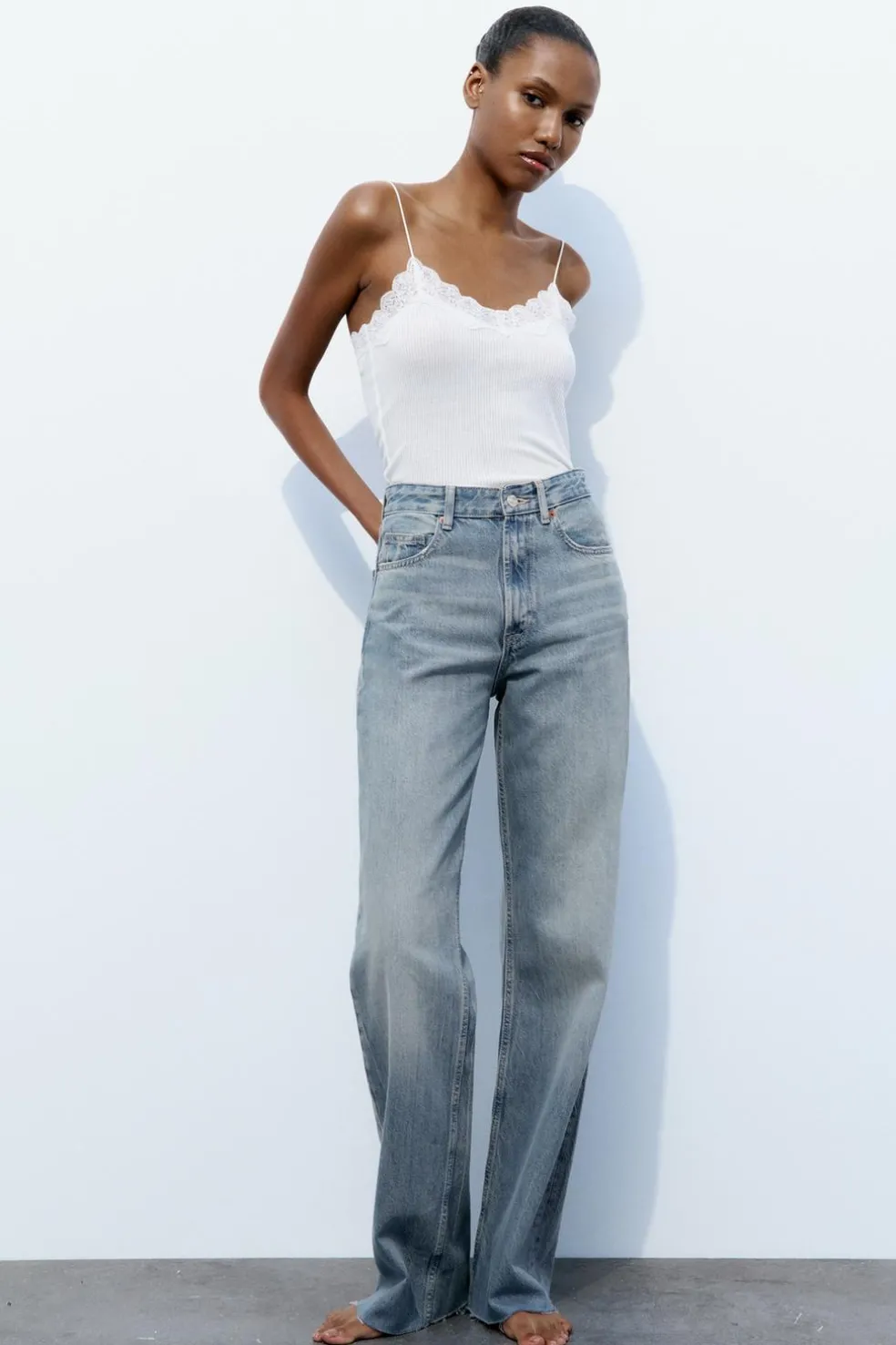 ZARA Jeans^CALÇAS DE GANGA TRF WIDE LEG CINTURA SUBIDA Azul