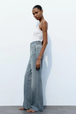 ZARA Jeans^CALÇAS DE GANGA TRF WIDE LEG CINTURA SUBIDA Azul