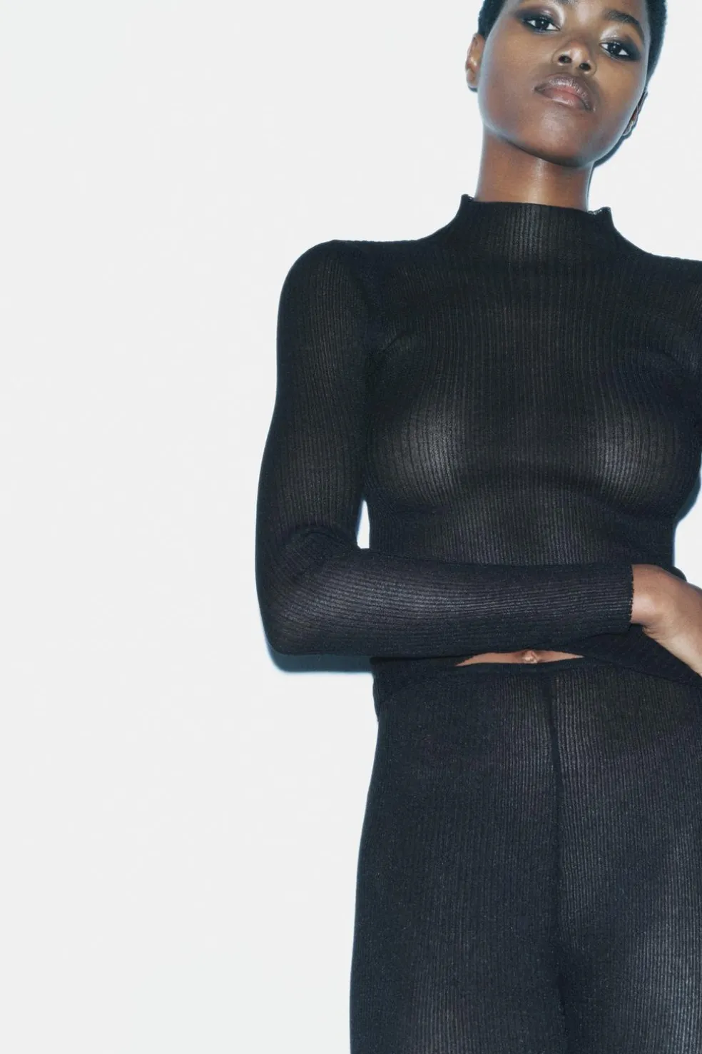 ZARA Calças|Lingerie^CALÇAS DE MALHA FINA COM NERVURAS Preto