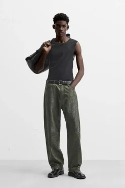 ZARA Pele|Calças^CALÇAS DE PELE COM EFEITO ENRUGADO Verde-escuro