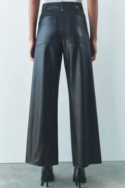 ZARA Jeans|Calças^CALÇAS DE PERNA LARGA EM POLIPELE ZW COLLECTION Preto
