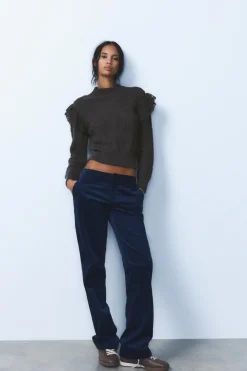 ZARA Winter Layersnew|Calças^CALÇAS DIREITAS BOMBAZINA Azul-marinho
