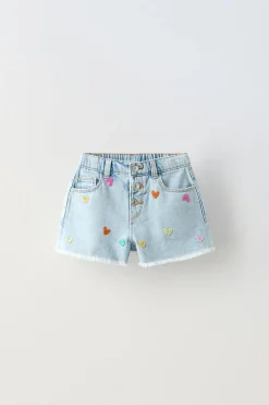 CALÇÕES BERMUDA DENIM BORDADO CORAÇÕES-ZARA New