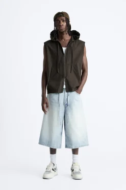 ZARA Coletes^CAMISA COLETE CAPUZ Castanho