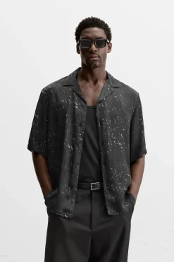 ZARA Camisas^CAMISA COM ESTAMPADO ABSTRATO Branco / Preto