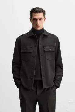 ZARA Vestuário De Inverno|Blusões^CAMISA COMPRIDA DE LÃ FRANELA Preto