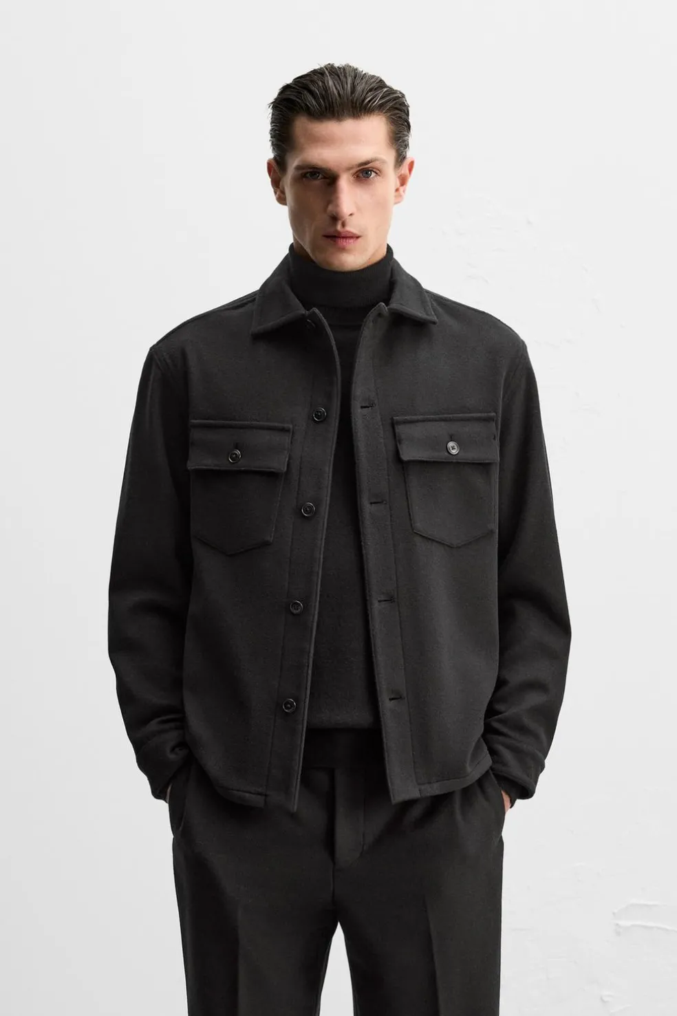 ZARA Vestuário De Inverno|Blusões^CAMISA COMPRIDA DE LÃ FRANELA Preto