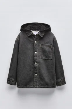 CAMISA COMPRIDA DENIM EFEITO DE PELO ENCARACOLADO COM CAPUZ-ZARA New