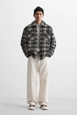 ZARA Vestuário De Inverno|Blusões^CAMISA LARGA AOS QUADRADOS COM EFEITO DE PELO ENCARACOLADO Preto