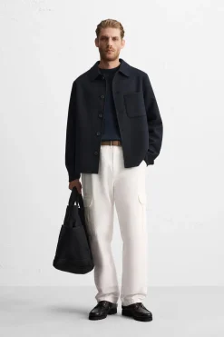 ZARA Vestuário De Inverno|Blusões^CAMISA LARGA COM LÃ Azul-marinho