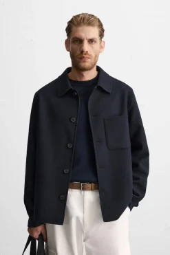 ZARA Vestuário De Inverno|Blusões^CAMISA LARGA COM LÃ Azul-marinho