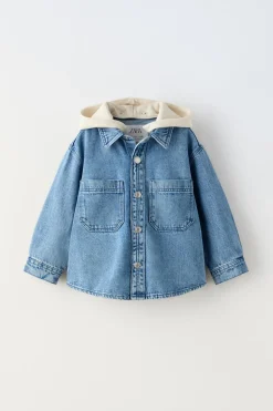 CAMISA LARGA DENIM COM CAPUZ COMBINADO-ZARA Outlet