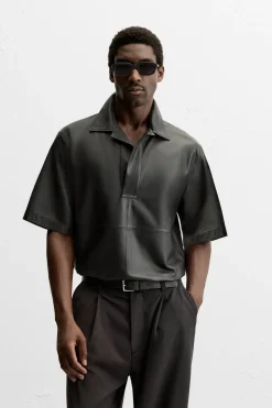 ZARA Blusões|Pele^CAMISA POLO DE PELE LIMITED EDITION Preto
