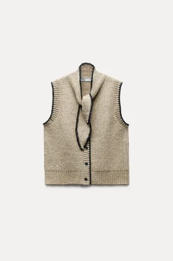 ZARA Winter Layersnew^CAMISOLA COLETE DE MALHA COM LAÇO Castanho / Toupeira