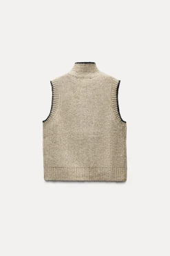 ZARA Winter Layersnew^CAMISOLA COLETE DE MALHA COM LAÇO Castanho / Toupeira