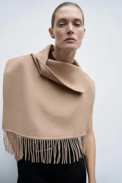 ZARA Sobretudos / Anoraques|Blusões^CAPA ASSIMÉTRICA COM LÃ E FRANJAS Camel-médio