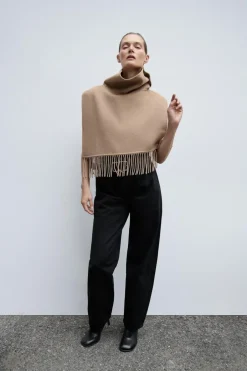 ZARA Sobretudos / Anoraques|Blusões^CAPA ASSIMÉTRICA COM LÃ E FRANJAS Camel-médio