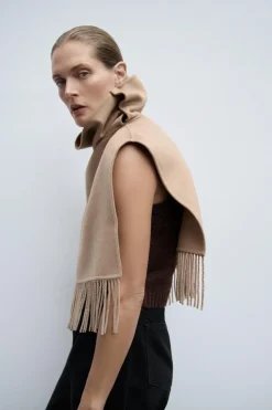 ZARA Sobretudos / Anoraques|Blusões^CAPA ASSIMÉTRICA COM LÃ E FRANJAS Camel-médio