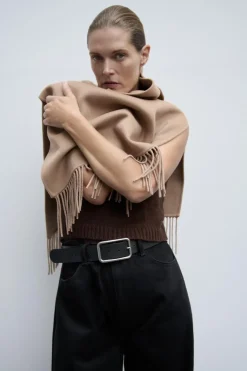 ZARA Sobretudos / Anoraques|Blusões^CAPA ASSIMÉTRICA COM LÃ E FRANJAS Camel-médio