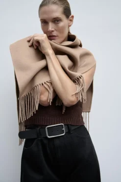 ZARA Sobretudos / Anoraques|Blusões^CAPA ASSIMÉTRICA COM LÃ E FRANJAS Camel-médio