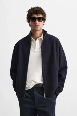 ZARA Camisola / Casacos|Sweatshirts^CARDIGAN DE LÃ COM FECHO DE CORRER Azul-marinho-escuro