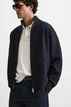 ZARA Camisola / Casacos|Sweatshirts^CARDIGAN DE LÃ COM FECHO DE CORRER Azul-marinho-escuro
