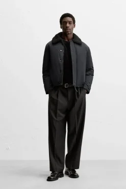 ZARA Vestuário De Inverno|Blusões^CASACO ACOLCHOADO COM GOLA COMBINADA Azul-marinho