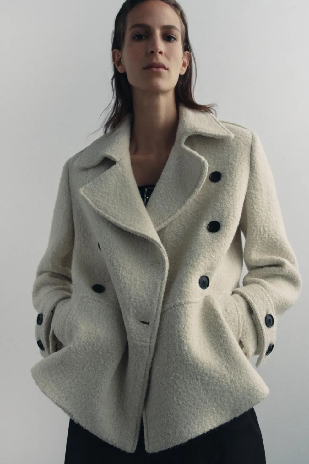 ZARA Sobretudos / Anoraques^CASACO BOUCLÉ COM LÃ ZW COLLECTION Cru