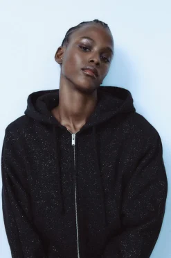 ZARA Blusões|Sweatshirts / Joggers^CASACO COM GLITTER Preto