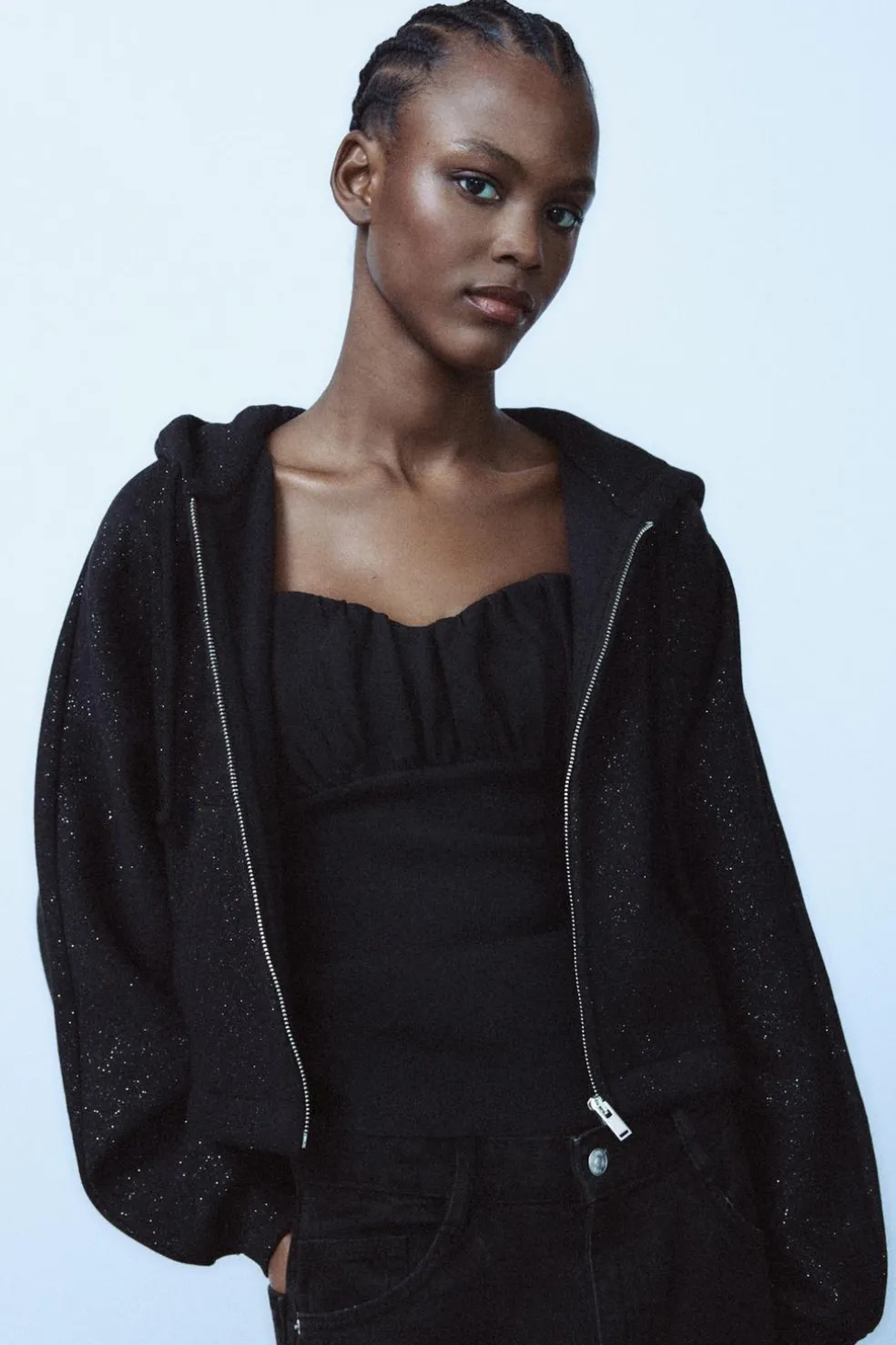 ZARA Blusões|Sweatshirts / Joggers^CASACO COM GLITTER Preto
